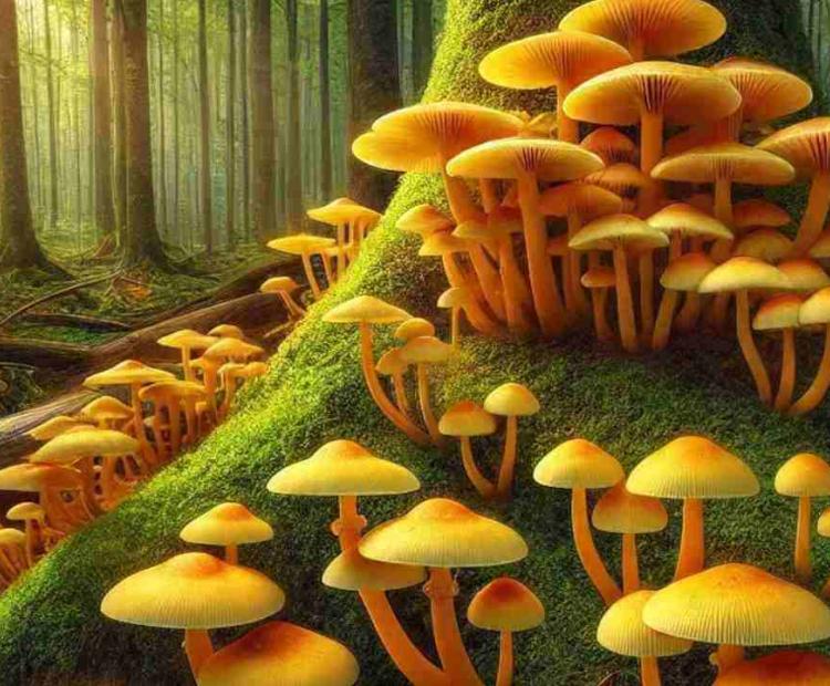 A mind-blowing family of stunning yellow mushrooms growing together in the deep forest.