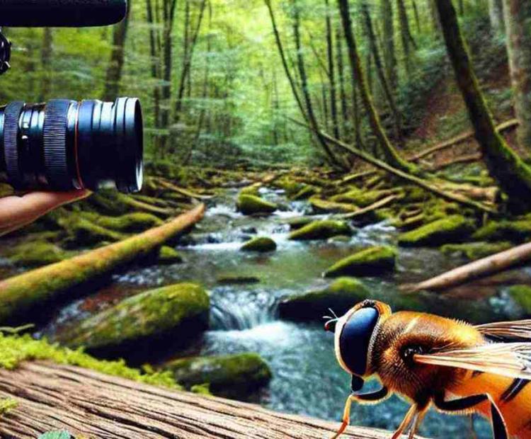 A bee intensely watching from a flower, seemingly fixated on something in its environment.